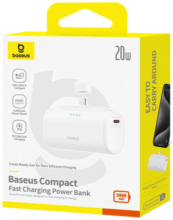 Batterie Externe Baseus Compact, 5000mAh, 20W, PD, 1 x Lightning - 1 x USB-C, Blanche P10068307213-00