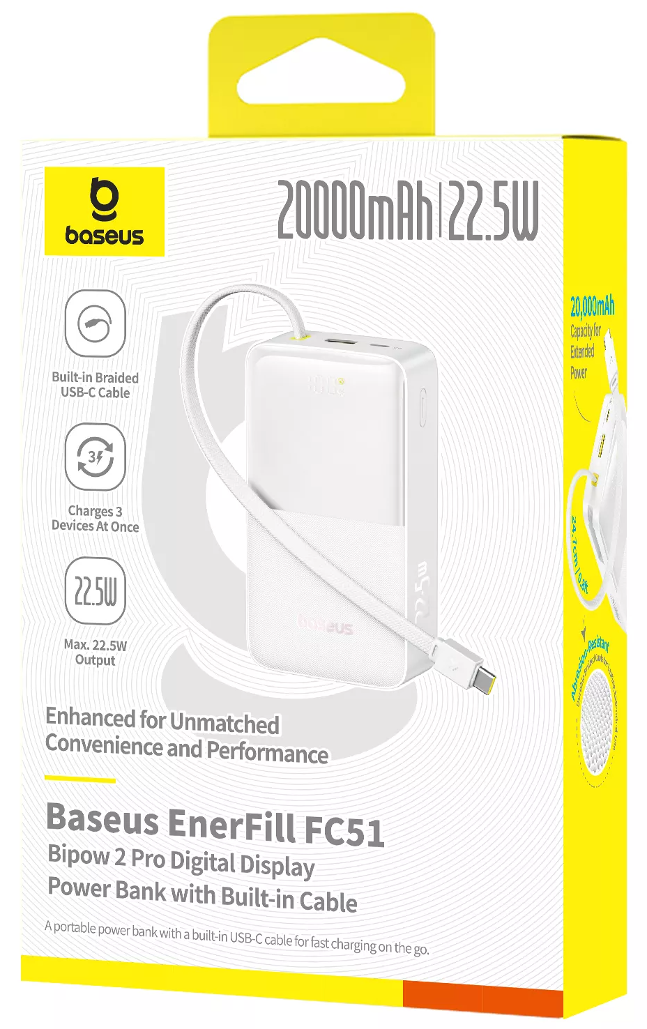 Externe Batterij Baseus EnerFill Bipow2 Pro, 20000mAh, 22.5W, QC + PD, 1 x USB-A - 2 x USB-C, Wit E0027700