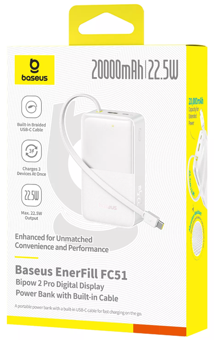 Externe Batterij Baseus EnerFill Bipow2 Pro, 20000mAh, 22.5W, QC + PD, 1 x USB-A - 2 x USB-C, Wit E0027700
