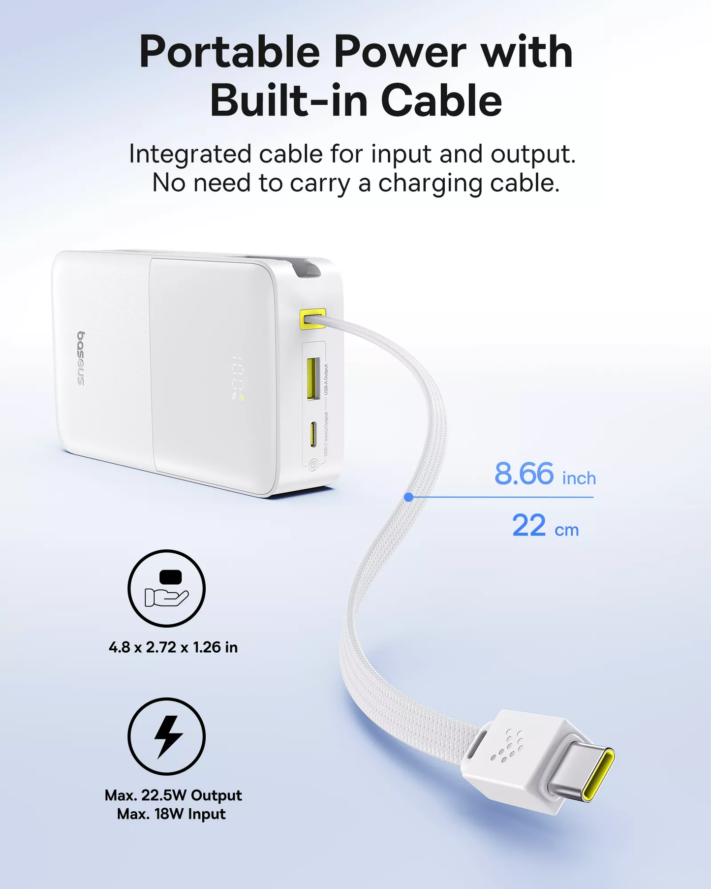 Externe Batterij Baseus EnerFill Bipow2 Pro, 20000mAh, 22.5W, QC + PD, 1 x USB-A - 2 x USB-C, Wit E0027700