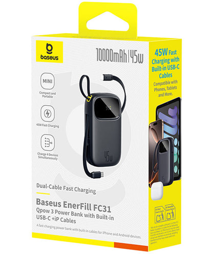 Externe Batterie Baseus EnerFill FC31 Qpow 3, 10000mAh, 45W, QC + PD, 1 x USB-A - 3 x USB-C, Schwarz P10082102123-00