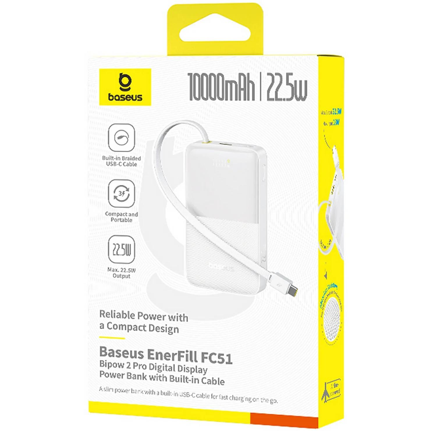 Externer Akku Baseus EnerFill Bipow2 Pro, 10000mAh, 22.5W, QC + PD, 1 x USB-A - 2 x USB-C, Weiß E0027601