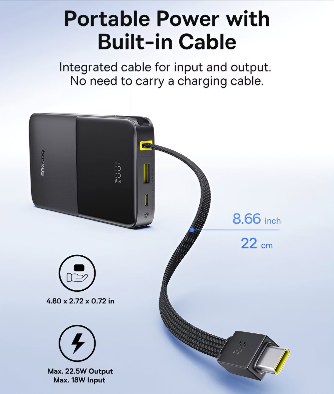 Externe Batterij Baseus EnerFill Bipow2 Pro, 10000mAh, 22.5W, QC + PD, 1 x USB-A - 2 x USB-C, Zwart E0027600