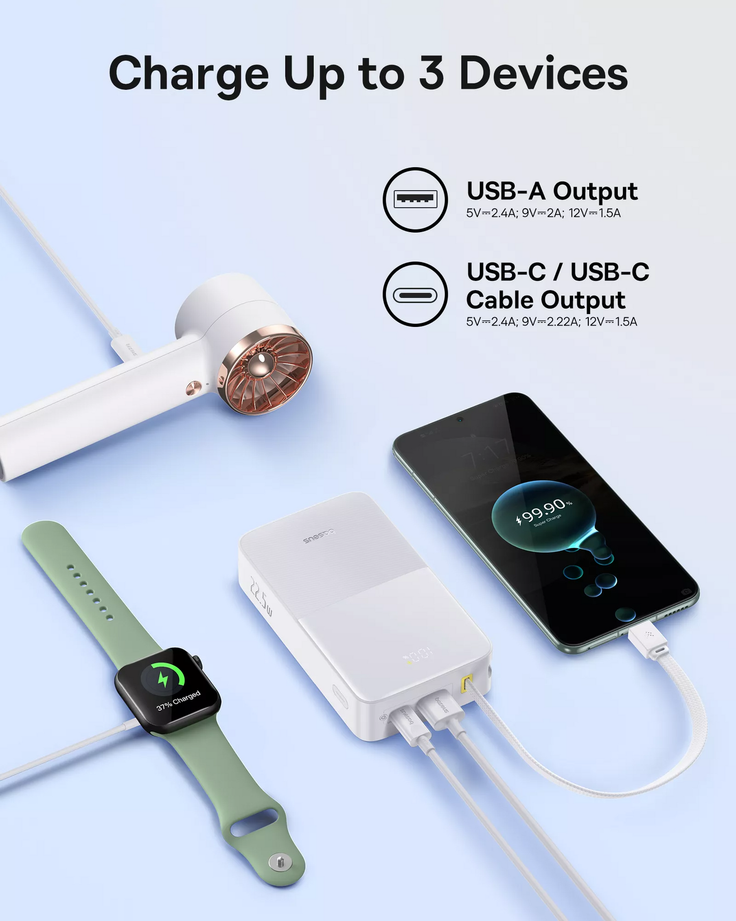 Externe Batterij Baseus EnerFill Bipow2 Pro, 20000mAh, 22.5W, QC + PD, 1 x USB-A - 2 x USB-C, Wit E0027700