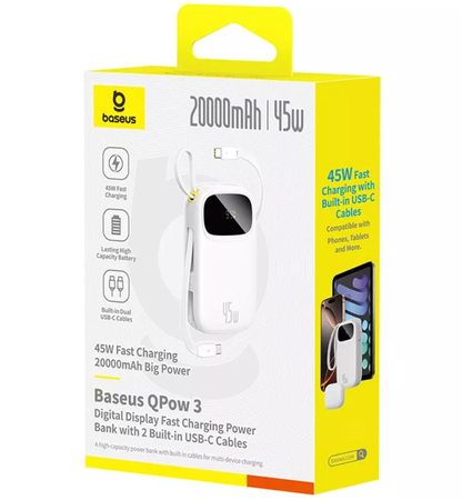 Batterie Externe Baseus EnerFill FC31, 20000mAh, 45W, QC + PD, 1 x Lightning - 1 x USB-A - 2 x USB-C, Blanche P10082105213-00