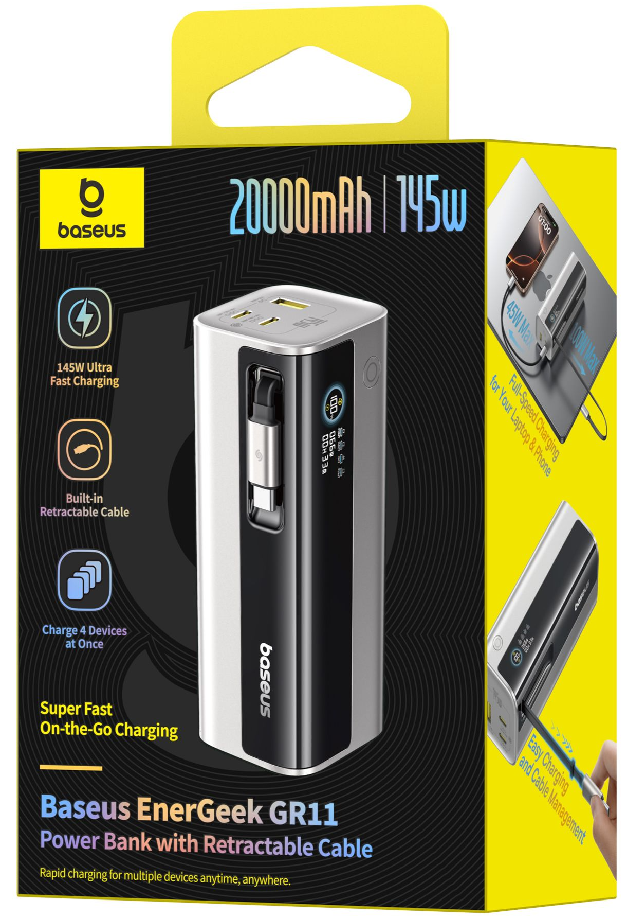 Externe Batterie Baseus EnerGeek GR11, 20000mAh, 145W, QC + PD, 1 x USB-A - 3 x USB-C, Silber E0027B02
