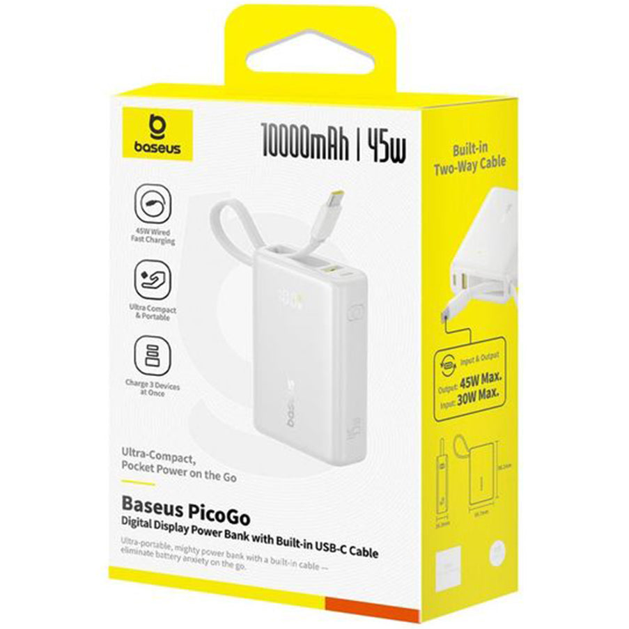 Batterie Externe Baseus PicoGo, 10000mAh, 45W, QC + PD, 1 x USB-A - 2 x USB-C, Blanche P10076803213-00