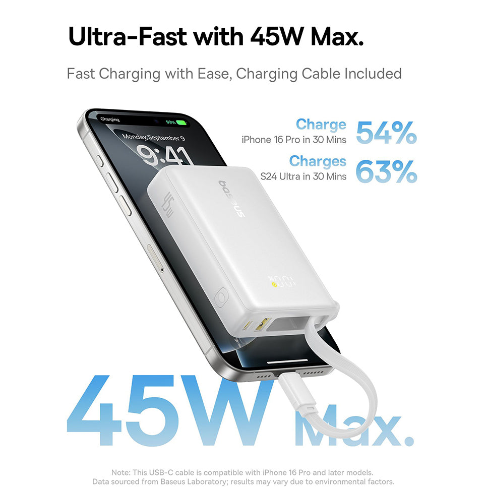 Batterie Externe Baseus PicoGo, 10000mAh, 45W, QC + PD, 1 x USB-A - 2 x USB-C, Blanche P10076803213-00