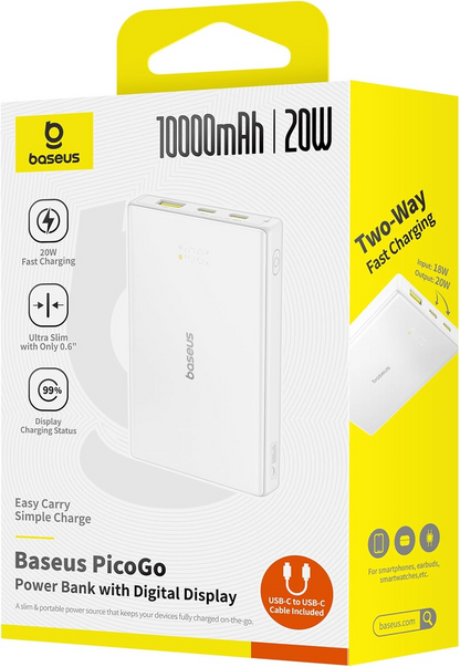 Batterie Externe Baseus PicoGo, 10000mAh, 20W, QC + PD, 1 x USB-A - 2 x USB-C, Blanche P10076801213-00