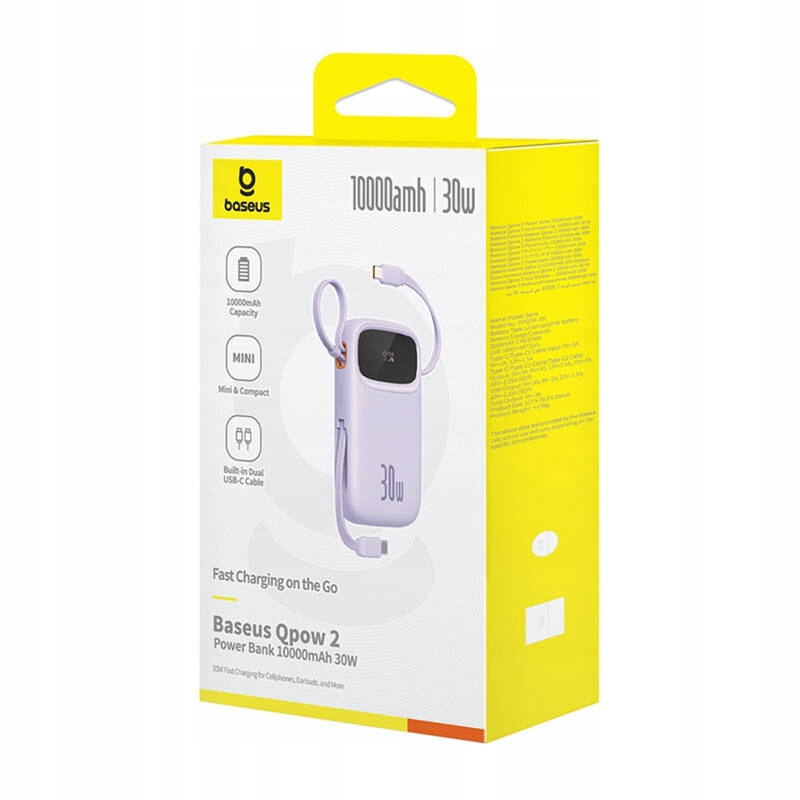 Externe Batterij Baseus Qpow2, 10000mAh, 30W, QC + PD, 1 x USB-A - 3 x USB-C, Paars P10055008513-00