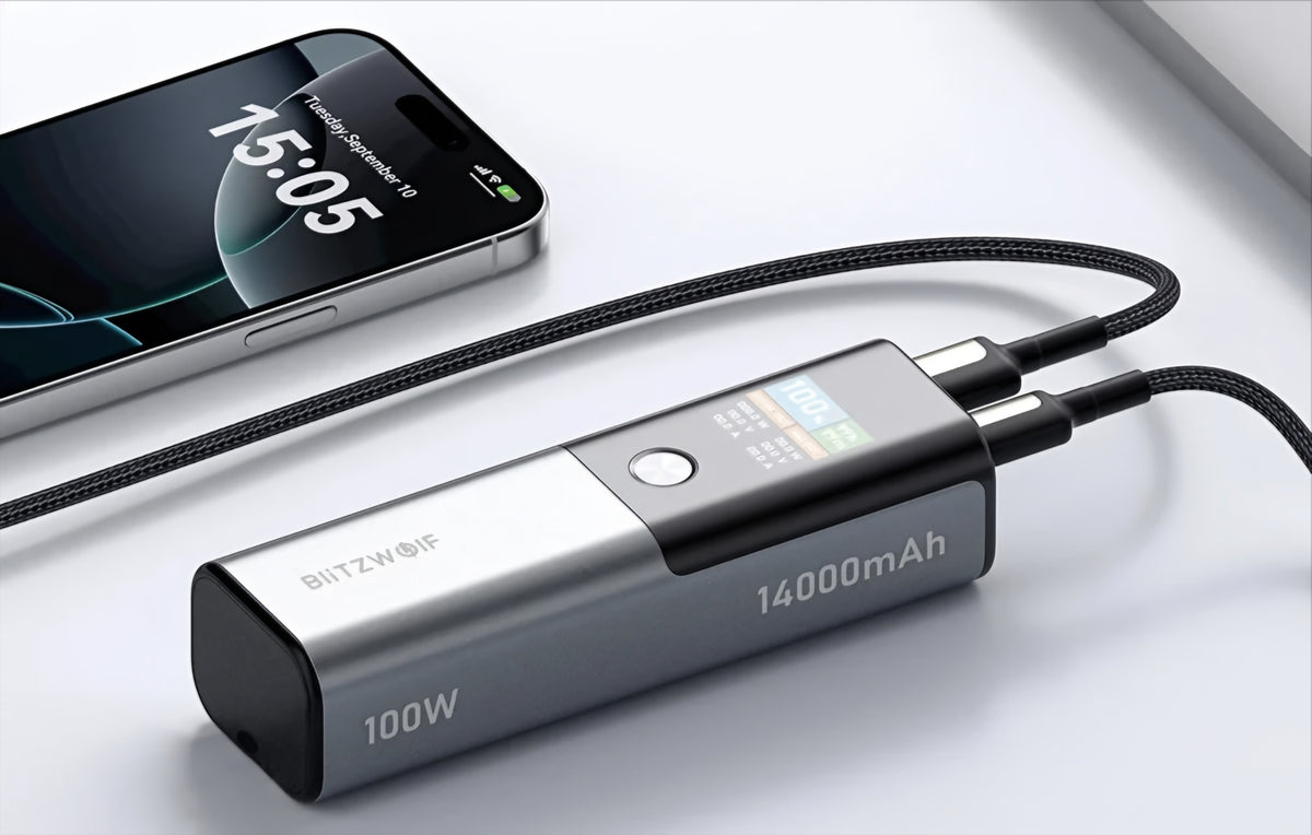 BlitzWolf BW-P23 Externe Batterij, 14000mAh, 100W, QC + PD, 1 x USB-A - 1 x USB-C, Grijs