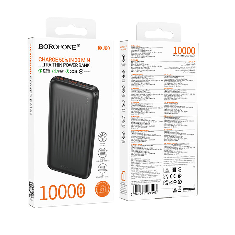 Externer Akku Borofone BJ80A Clever, 10000mAh, 22.5W, QC + PD, 1 x USB-C - 2 x USB-A, Schwarz
