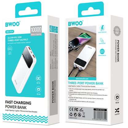 Externe Batterie BWOO BO-P34, 10000mAh, 22,5W, QC + PD, 1 x USB-C - 2 x USB-A, Weiß