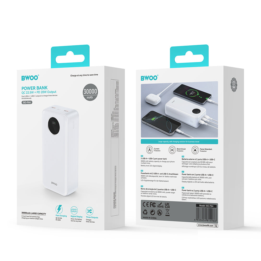 Externe Batterij BWOO BO-P64, 30000mAh, 22.5W, QC + PD, 1 x USB-C - 2 x USB-A, Wit