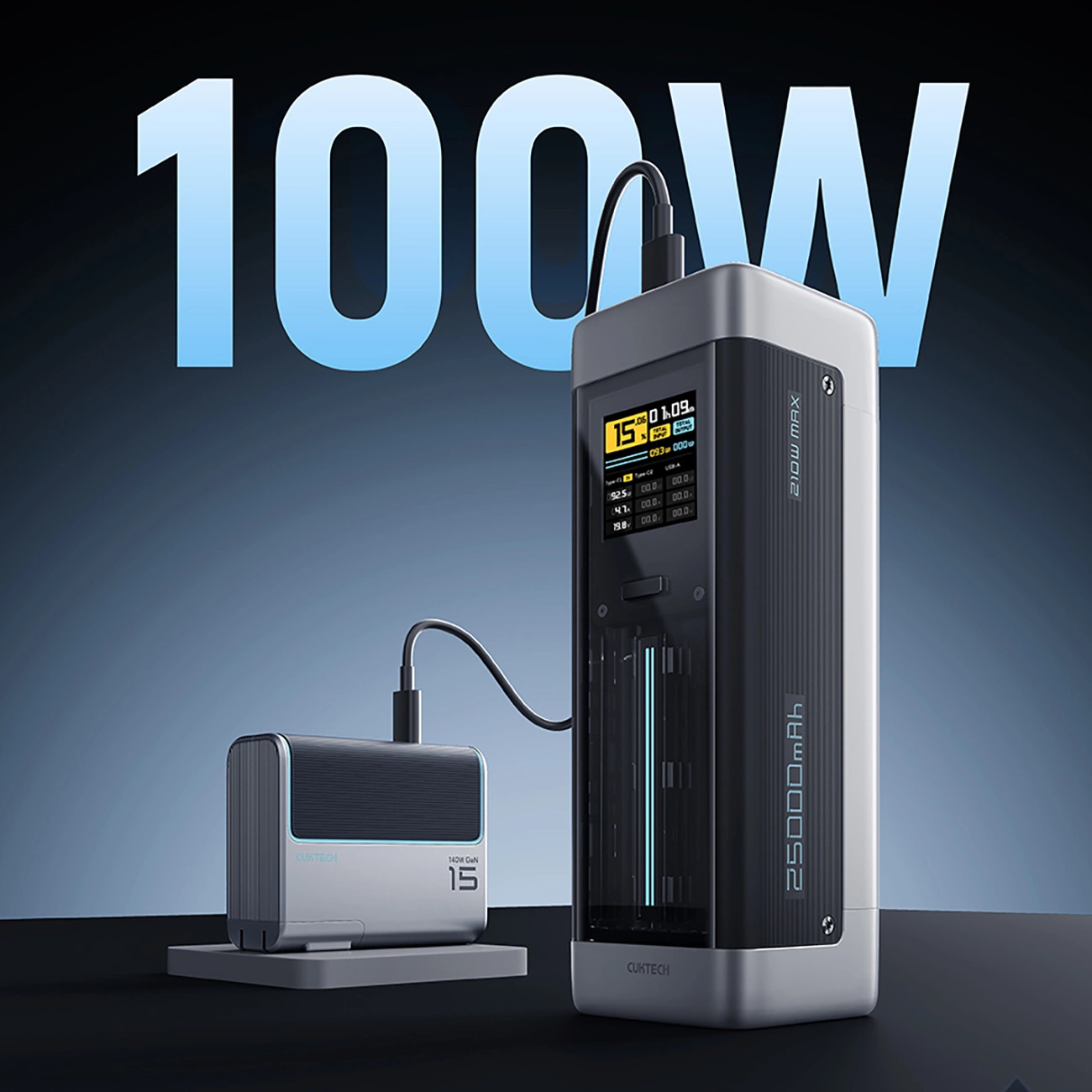 Externe Batterij Cuktech, 25000mAh, 210W, QC + PD, 1 x USB-A - 2 x USB-C, Zwart CUK00P23GLBK