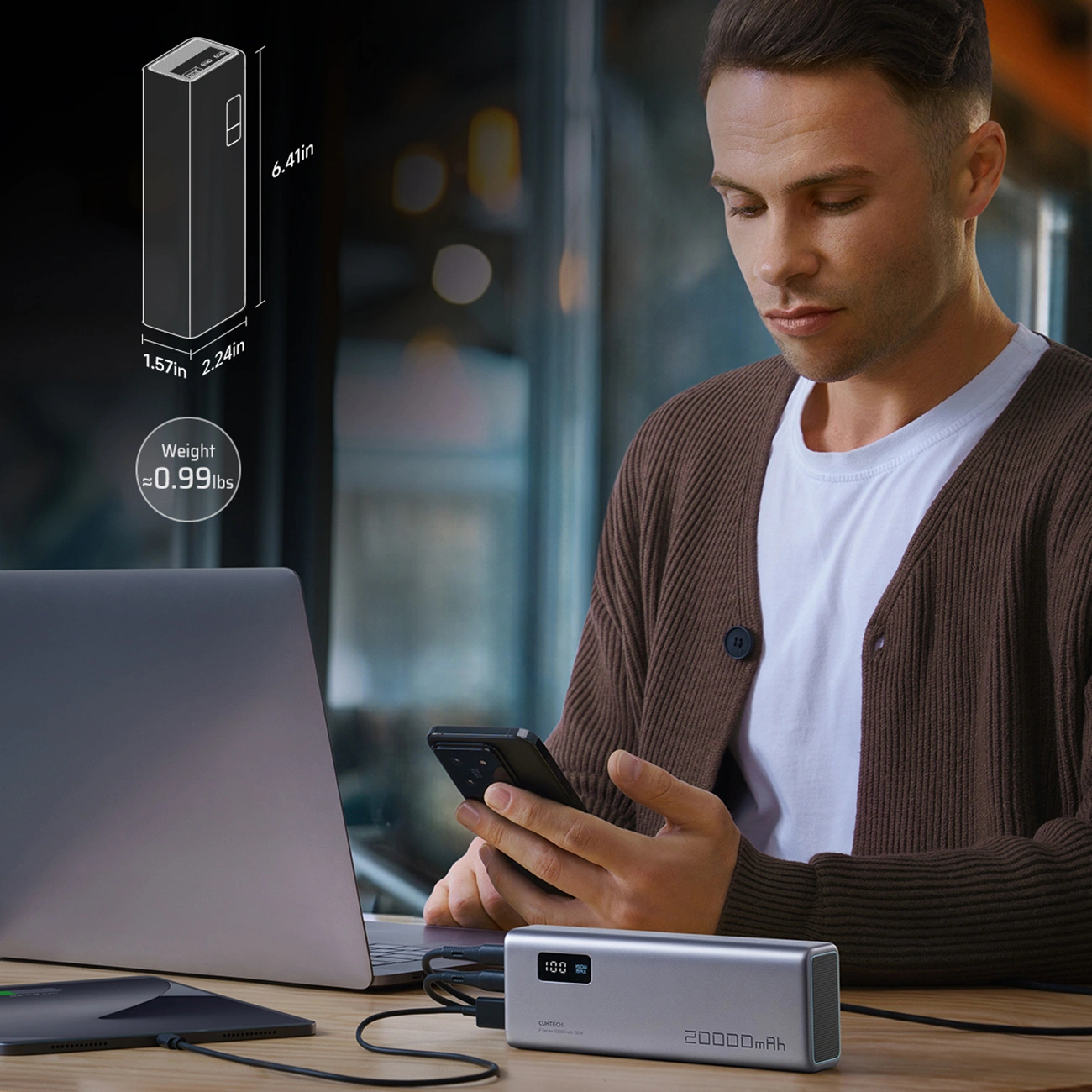 Externe Batterij Cuktech P+ No.15, 20000mAh, 150W, QC + PD, 1 x USB-A - 2 x USB-C, Grijs CUKPB200GLBK