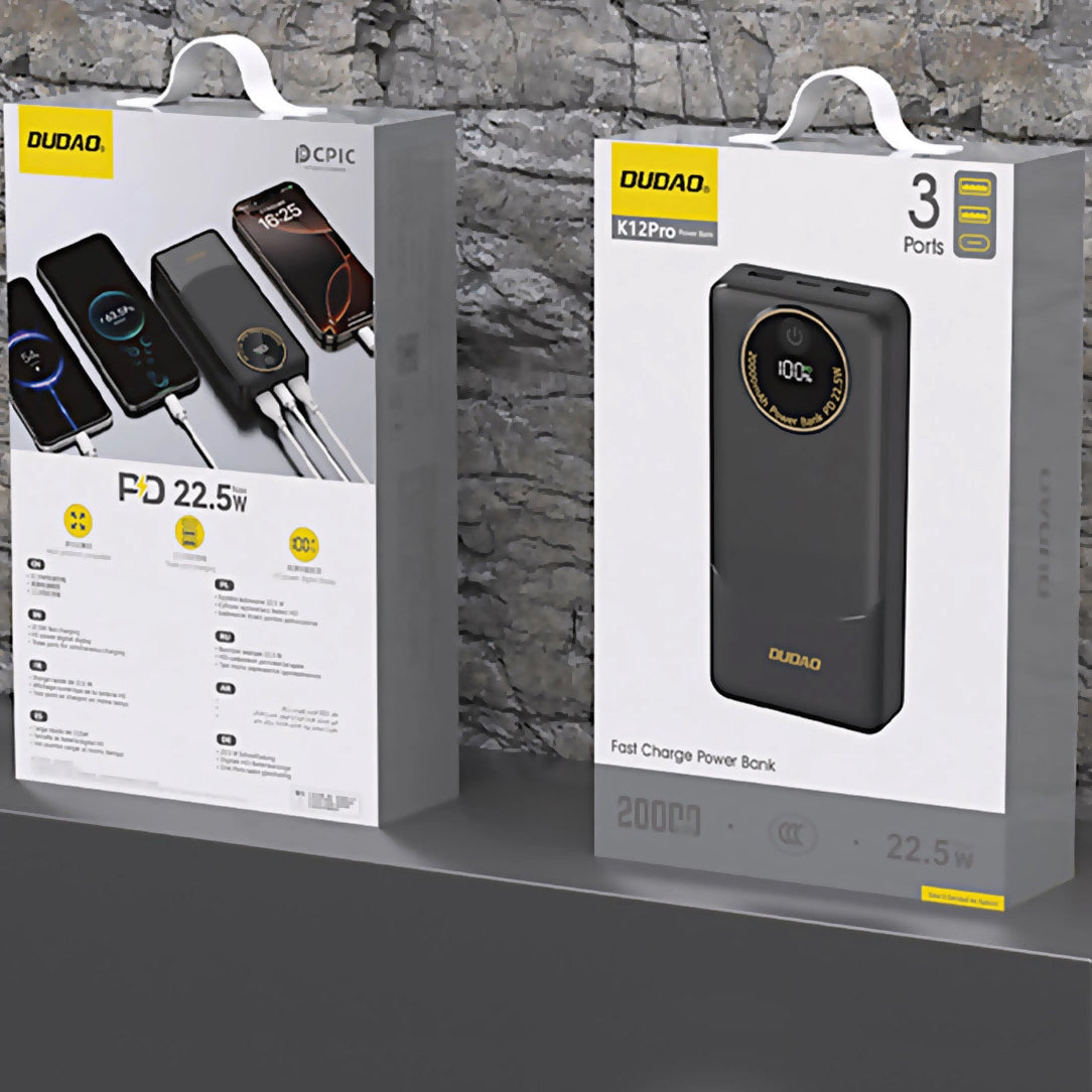 Externe Batterij Dudao K12Pro, 20000mAh, 22.5W, QC + PD, 1 x USB-C - 2 x USB-A, Zwart