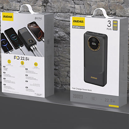 Externe Batterij Dudao K12Pro, 20000mAh, 22.5W, QC + PD, 1 x USB-C - 2 x USB-A, Zwart