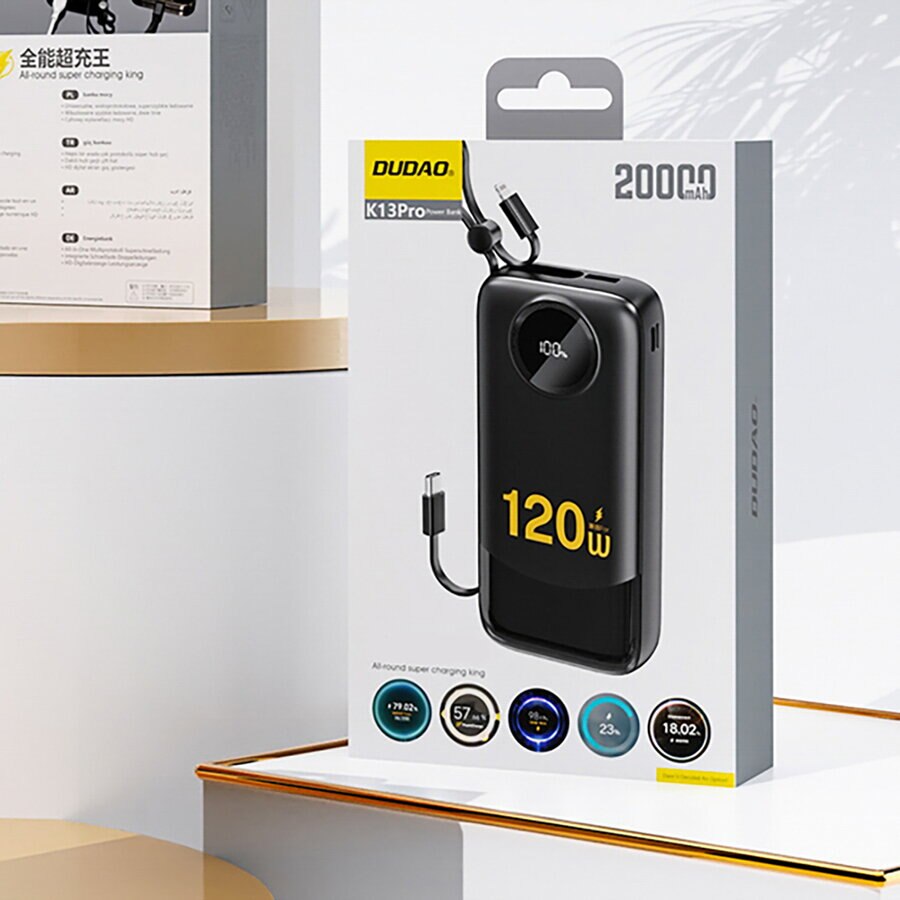 Externe Batterij Dudao K13, 10000mAh, 22.5W, QC + PD, 1 x Lightning - 1 x USB-A - 2 x USB-C, Zwart