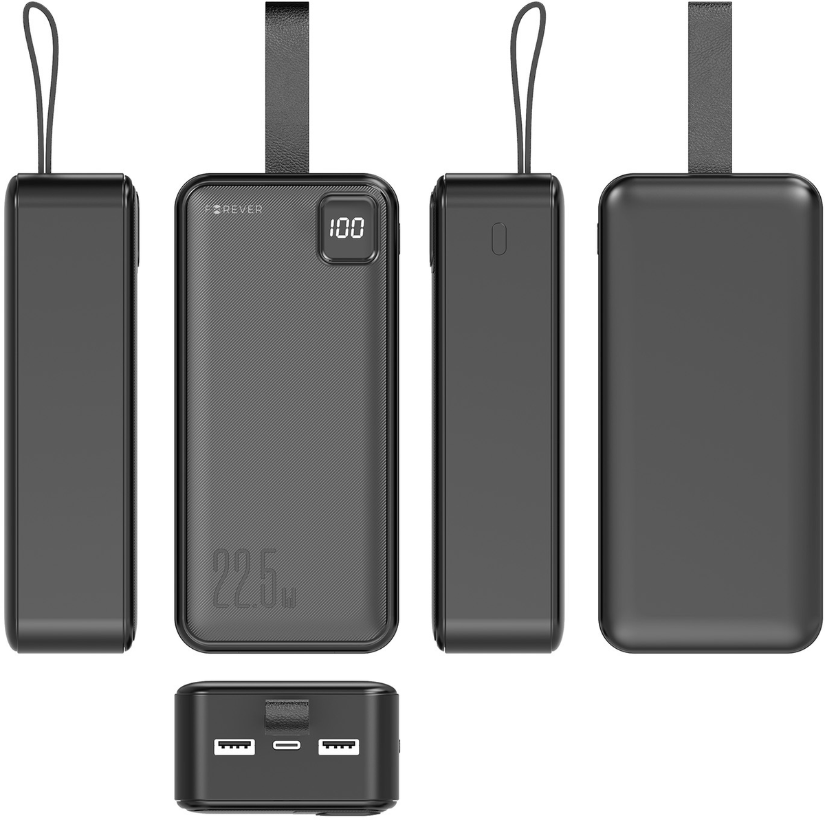 Forever TB-300XL powerbank, 30000 mAh, 22,5 W, QC + PD, 1 x USB-C - 2 x USB-A, zwart
