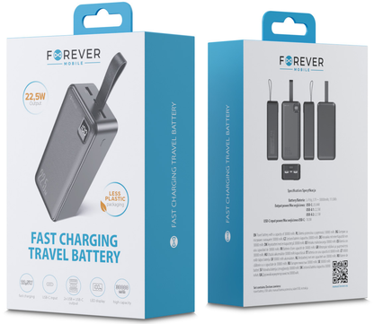 Forever TB-300XL powerbank, 30000 mAh, 22,5 W, QC + PD, 1 x USB-C - 2 x USB-A, zwart