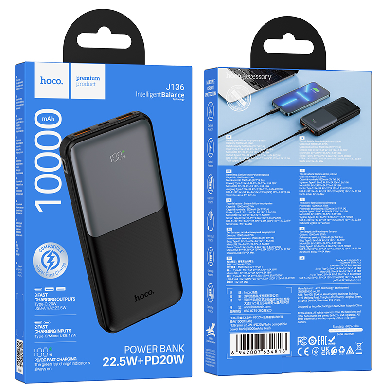 HOCO J136 Powerbank, 10000 mAh, 22,5 W, QC + PD, 1 x USB-C – 2 x USB-A, Schwarz