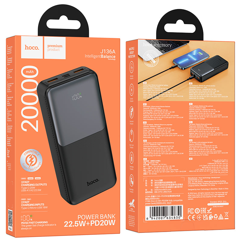 Batterie Externe HOCO J136A, 20000mAh, 22,5W, QC + PD, 1 x USB-C - 2 x USB-A, Noire