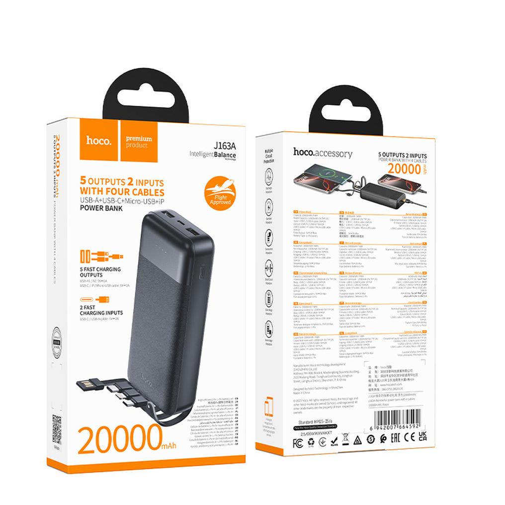 HOCO J163A powerbank, 20000 mAh, 10 W, 1 x Lightning - 1 x microUSB - 1 x USB-C - 2 x USB-A, zwart