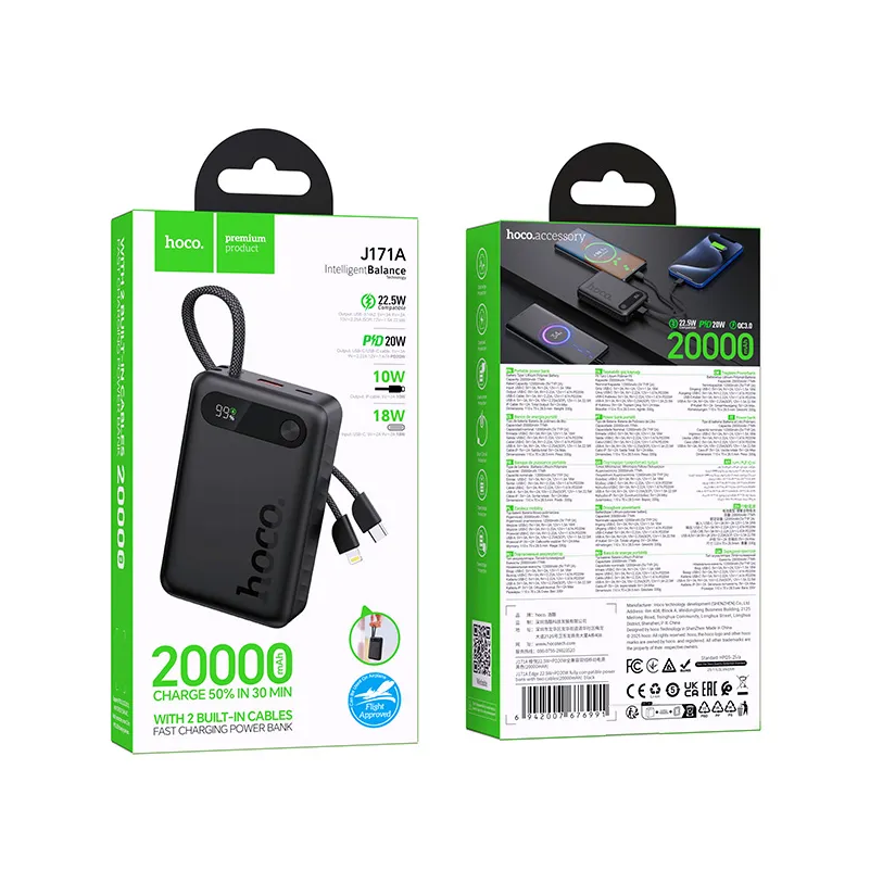 Externe batterij HOCO J171A, 20000mAh, 22,5W, QC + PD, 1 x Lightning - 1 x USB-A - 2 x USB-C, Zwart