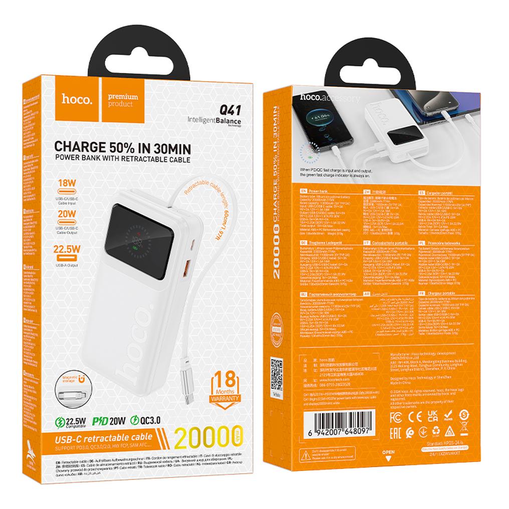 HOCO Q41 Powerbank, 20000 mAh, 22,5 W, QC + PD, 1 × USB-A – 2 × USB-C, Weiß