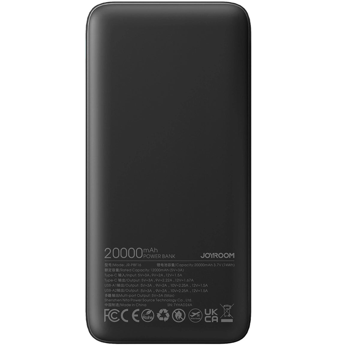 Joyroom JR-PBF16 Externe Batterij, 20000mAh, 22,5W, QC + PD, 1 x USB-C - 2 x USB-A, Zwart 