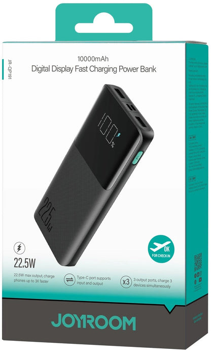 Batterie Externe Joyroom JR-QP191, 10000mAh, 22.5W, QC + PD, 1 x USB-C - 2 x USB-A, Noire