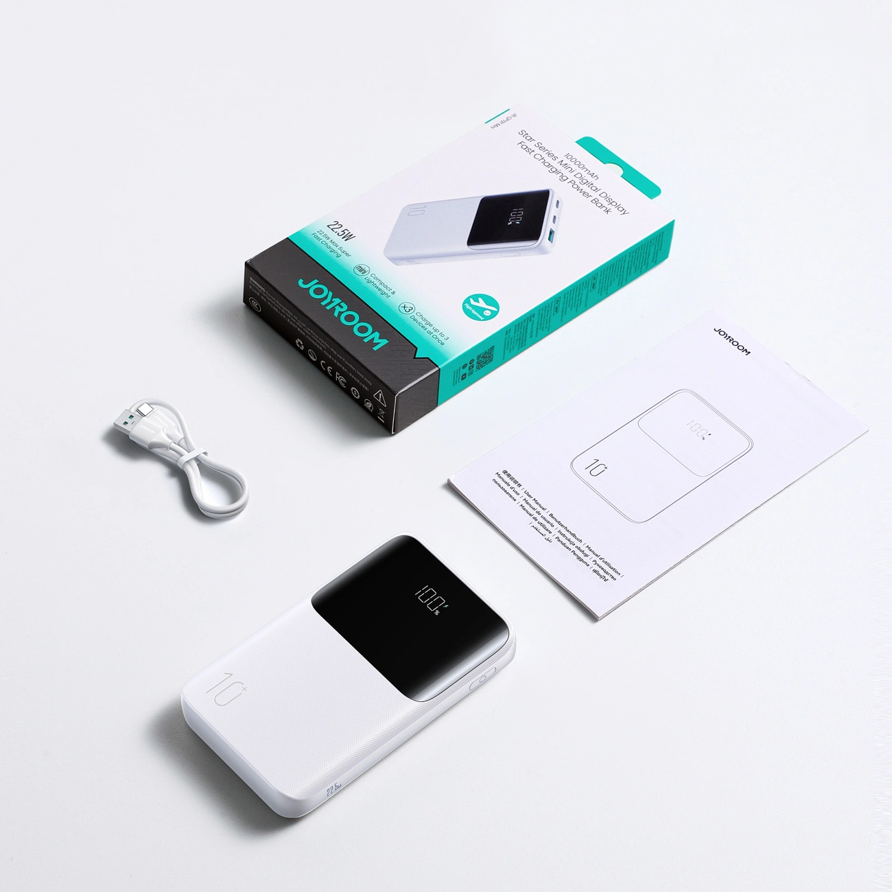 Batterie Externe Joyroom JR-QP191, 10000mAh, 22.5W, QC + PD, 1 x USB-A - 2 x USB-C, Blanche