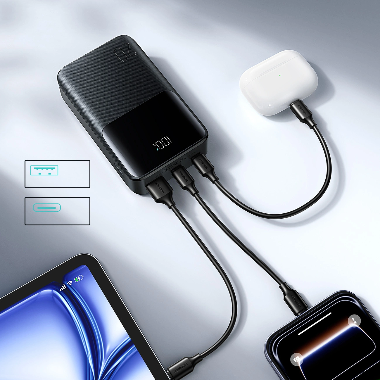 Externer Akku Joyroom JR-QP192, 20000mAh, 22.5W, QC + PD, 1 x USB-A - 2 x USB-C, Schwarz