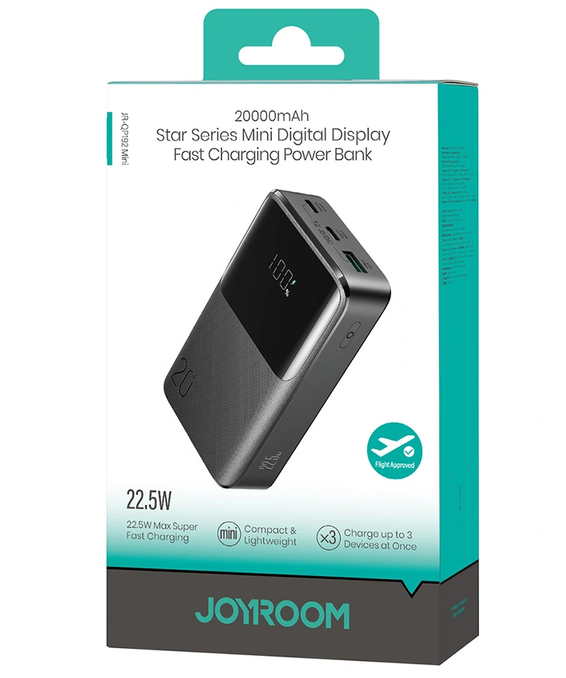 Externer Akku Joyroom JR-QP192, 20000mAh, 22.5W, QC + PD, 1 x USB-A - 2 x USB-C, Schwarz