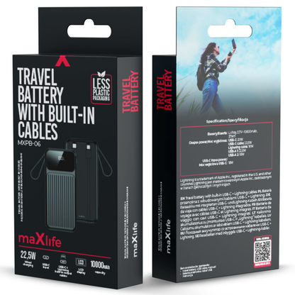 Externe Batterij MaXlife MXPB-06, 10000mAh, 22.5W, QC + PD, 1 x Lightning - 2 x USB-A - 2 x USB-C, Zwart