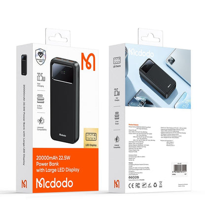 Externe Batterij McDodo MC-4230, 20000mAh, 22.5W, QC + PD, 2 x USB-A - 1 x USB-C, Zwart