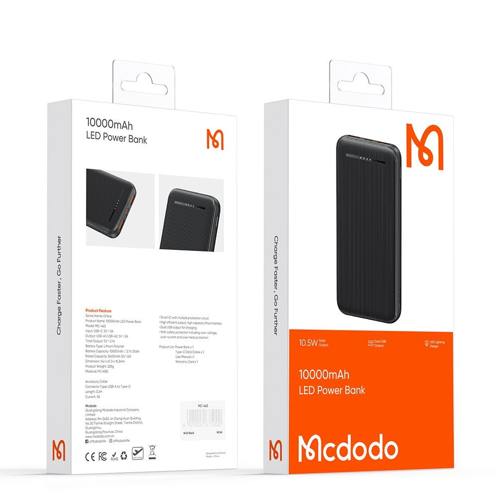 Externer Akku McDodo MC-4631 Online, 10000mAh, 10W, 2 x USB-A - 1 x USB-C, Schwarz