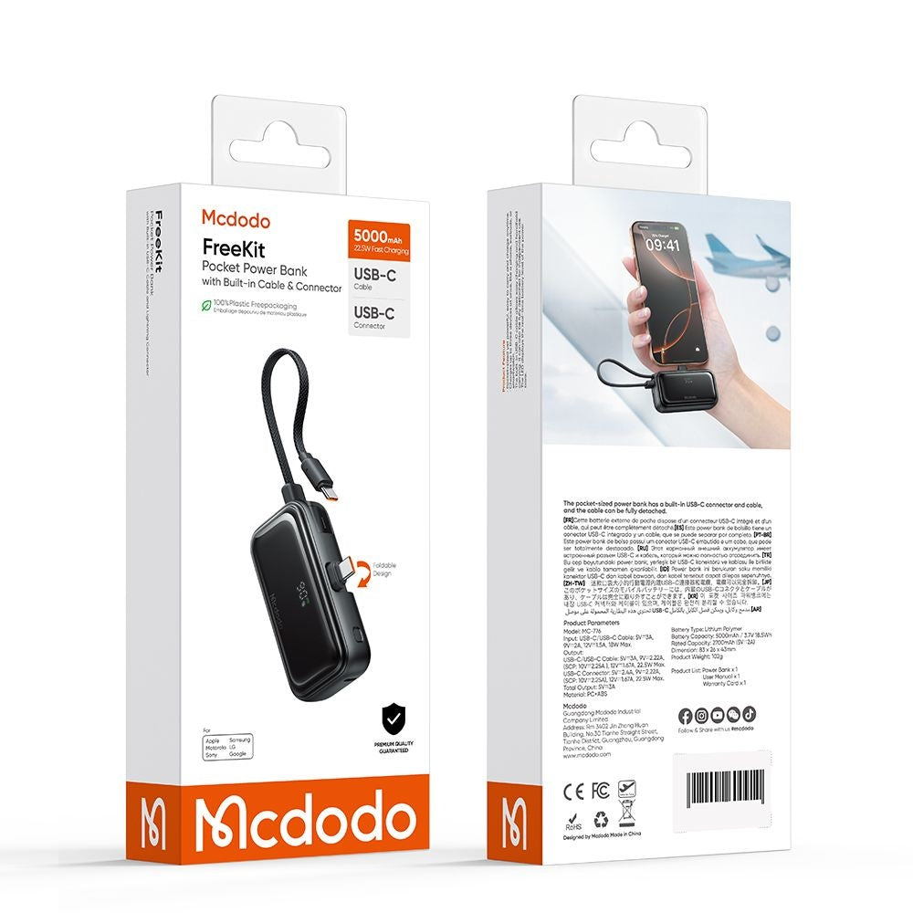Externe Batterij McDodo MC-7760 Freekit, 5000mAh, 22.5W, PD, 3 x USB-C, Zwart