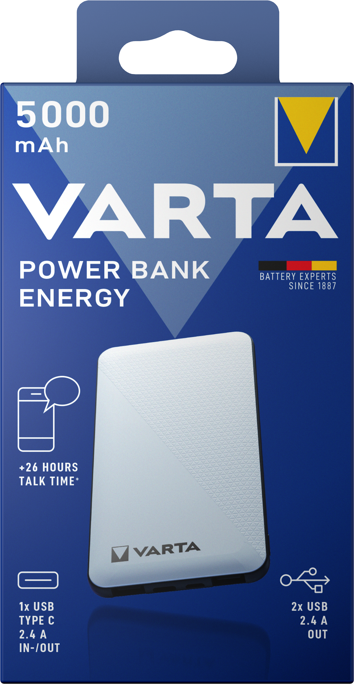 Batterie externe Varta Energy, 5000mAh, 15W, 2 x USB-A - 1 x USB-C, blanc