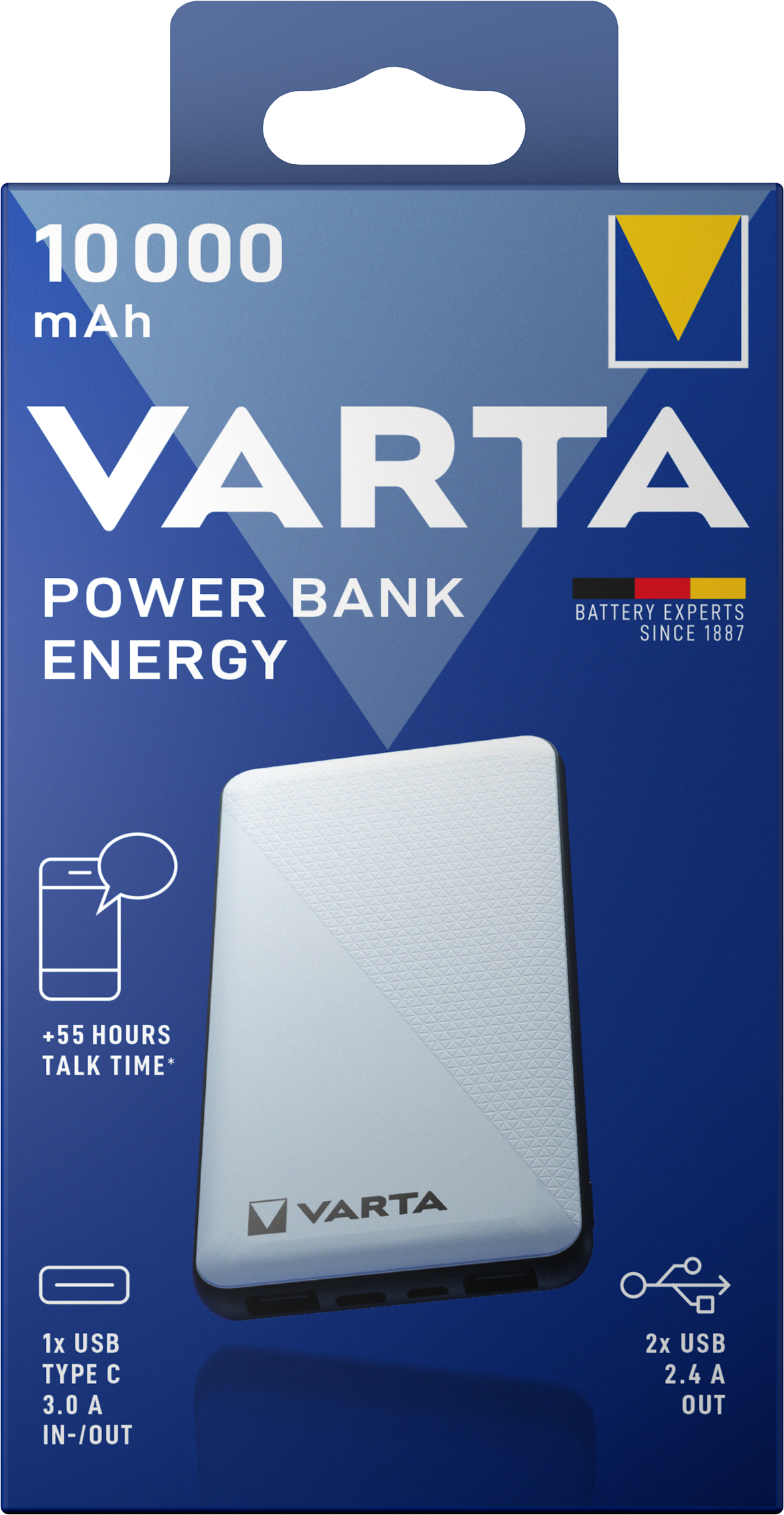 Varta Energy Externe Batterij, 10000mAh, 15W, 2 x USB-A - 1 x USB-C, Wit