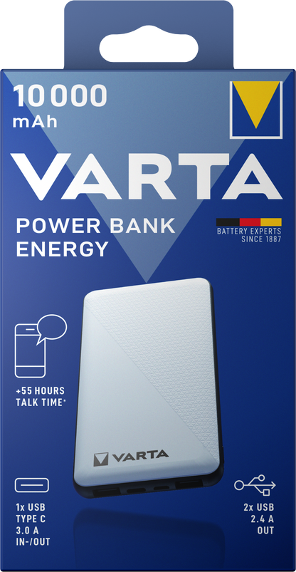 Varta Energy Externe Batterij, 10000mAh, 15W, 2 x USB-A - 1 x USB-C, Wit