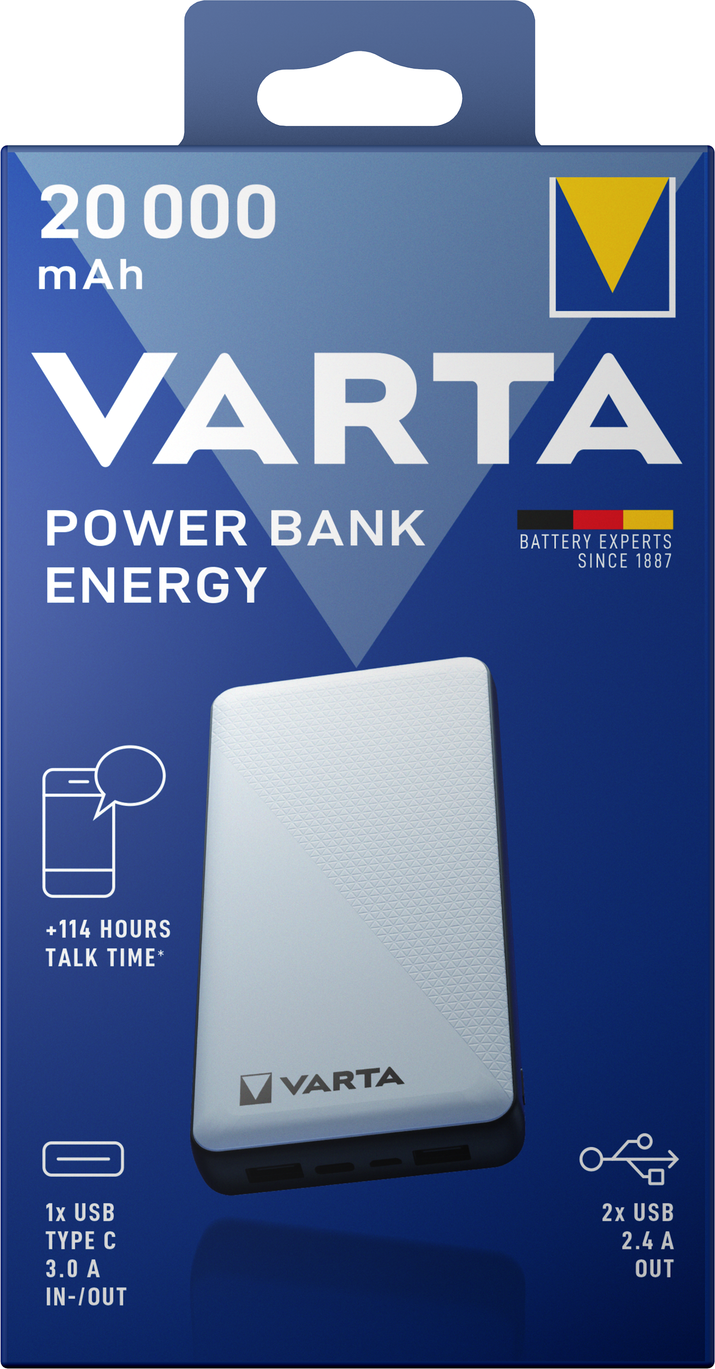 Varta Energy Externe Batterij, 20000mAh, 15W, 2 x USB-A - 1 x USB-C, Wit