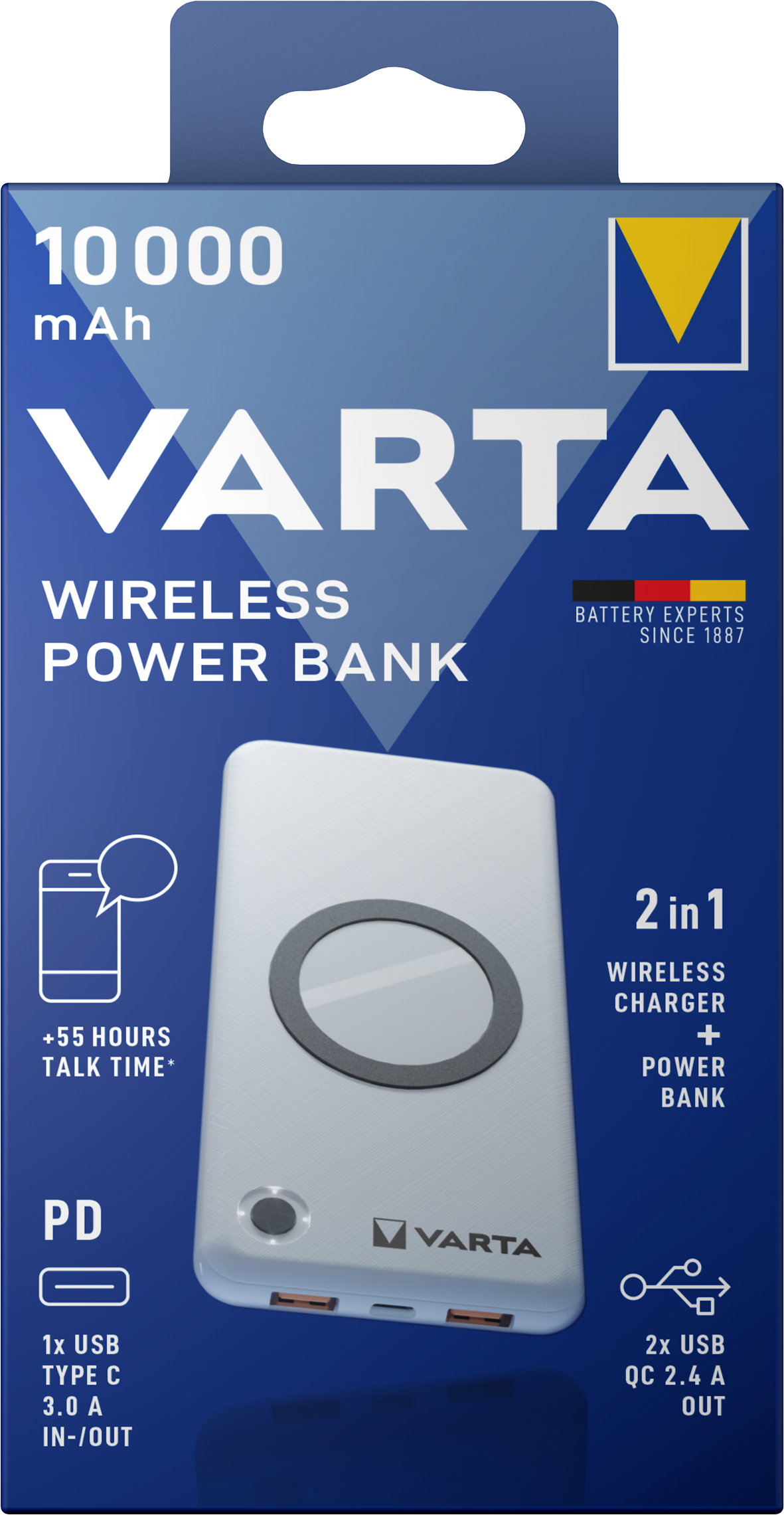 Varta Energy Draadloze Externe Batterij, 10000mAh, 18W, QC + PD + FQI, 1 x QI - 1 x USB-C - 2 x USB-A, Wit