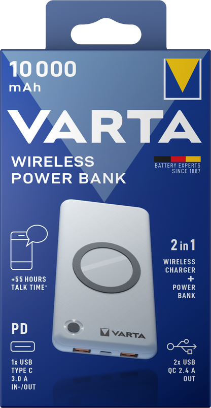 Varta Energy Draadloze Externe Batterij, 10000mAh, 18W, QC + PD + FQI, 1 x QI - 1 x USB-C - 2 x USB-A, Wit