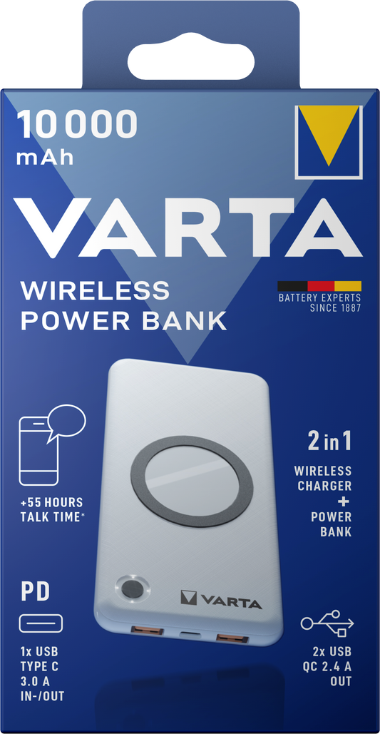 Varta Energy Draadloze Externe Batterij, 10000mAh, 18W, QC + PD + FQI, 1 x QI - 1 x USB-C - 2 x USB-A, Wit