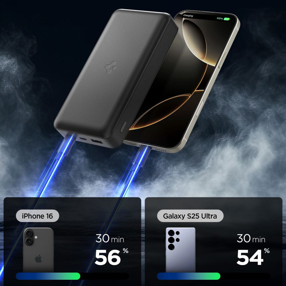 Externe batterij Spigen, 30000mAh, 30W, QC + PD, 1 x USB-A - 2 x USB-C, Zwart