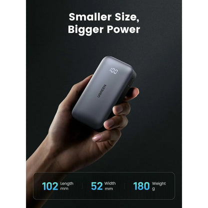 Externe Batterij UGREEN PB502, 10000mAh, 30W, QC + PD, 1 x USB-A - 1 x USB-C, Gri