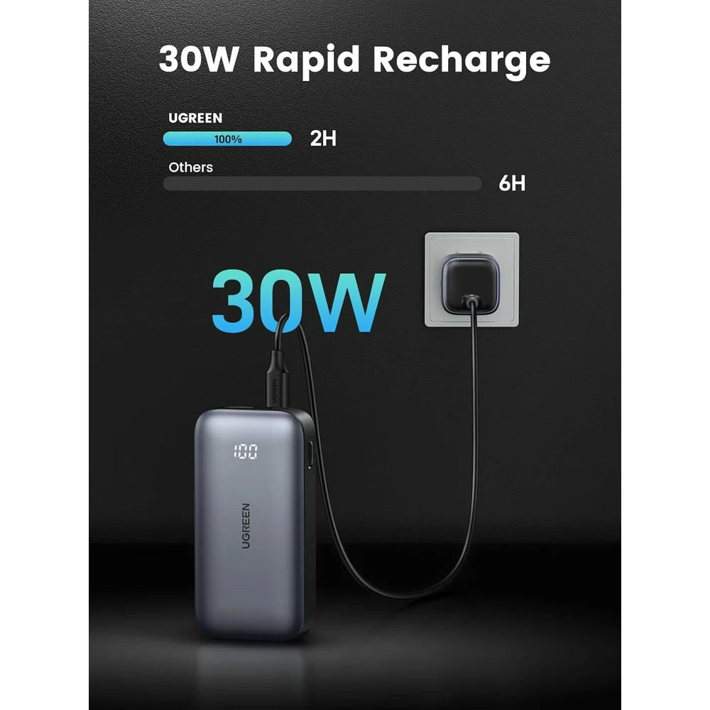 Externe Batterij UGREEN PB502, 10000mAh, 30W, QC + PD, 1 x USB-A - 1 x USB-C, Gri