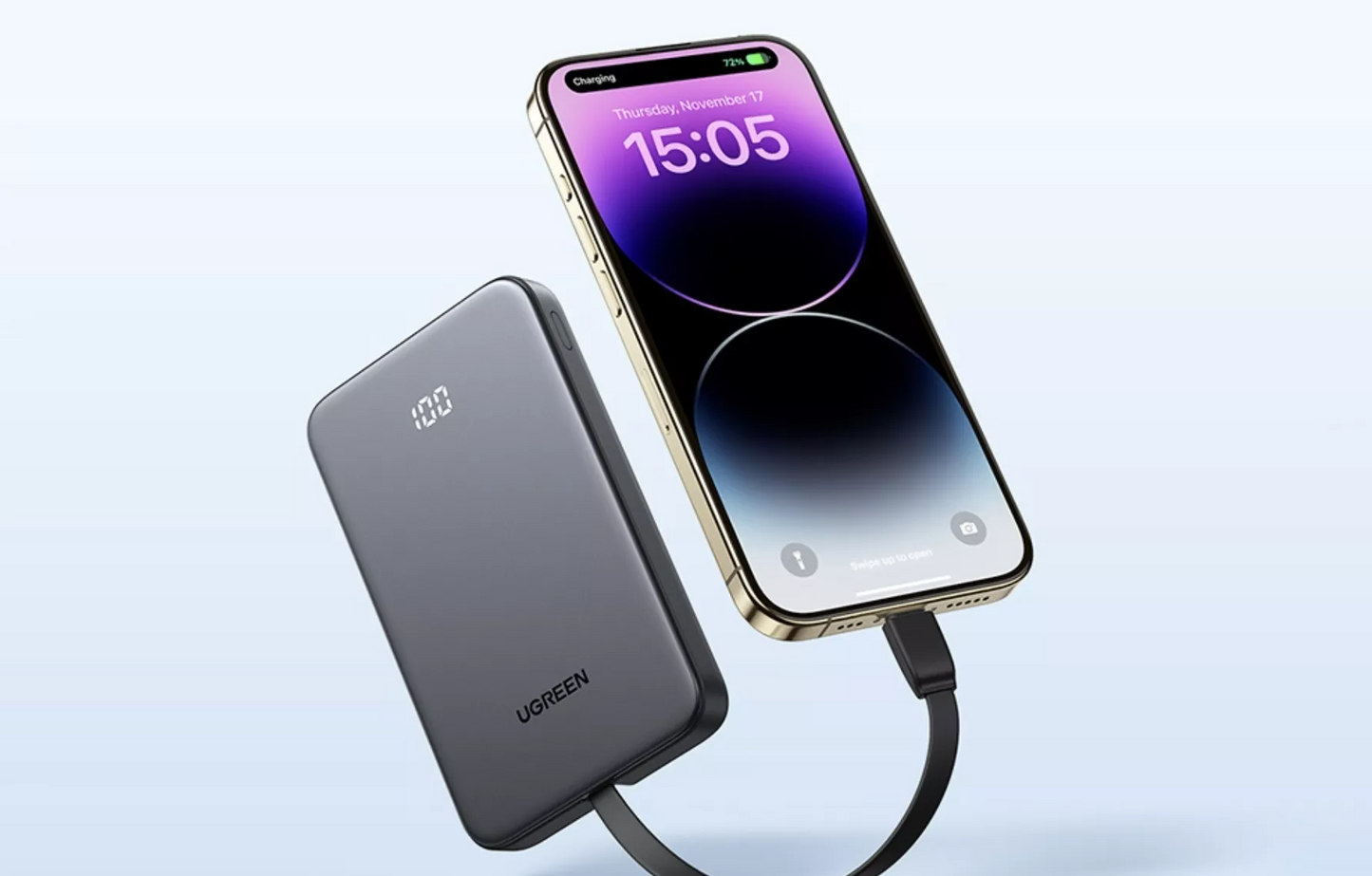 Externe batterij UGREEN PB526 (75161B), 10000mAh, 20W, QC + PD, 1 x USB-A - 2 x USB-C, Grijs